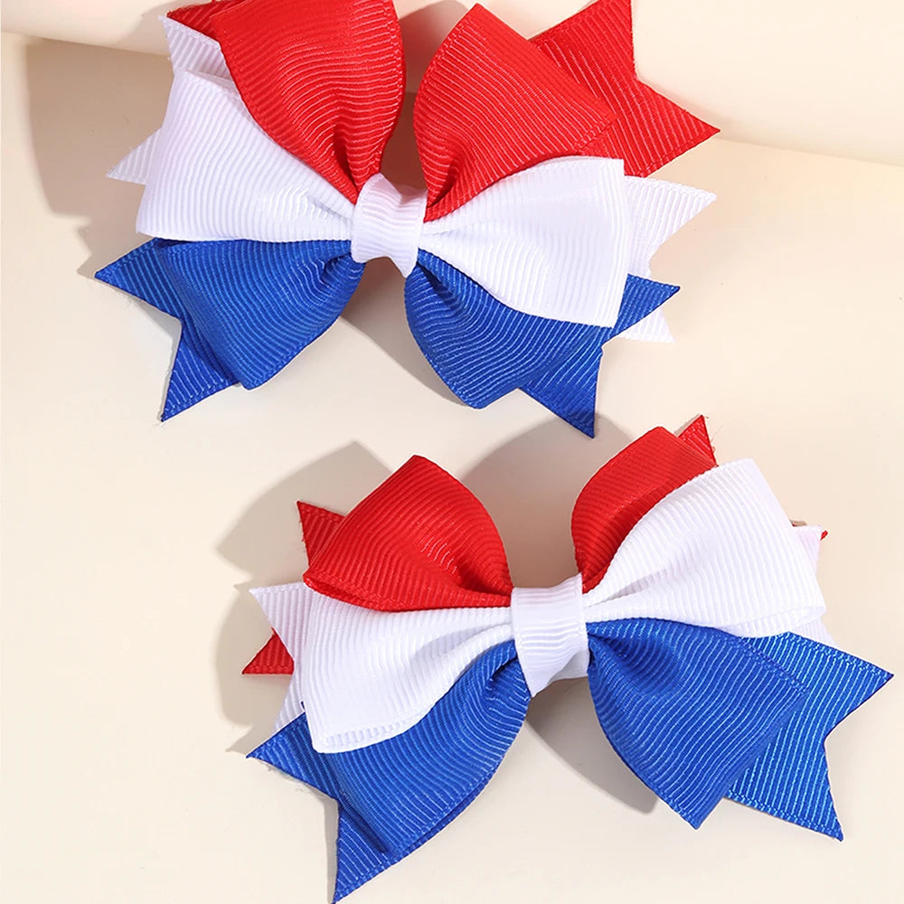 2Pcs USA Flag Bow Hair Clip Ribbon Patriotic American Flag Design Red White Blue Bow Barrettes For 4th Of July Party Accessories