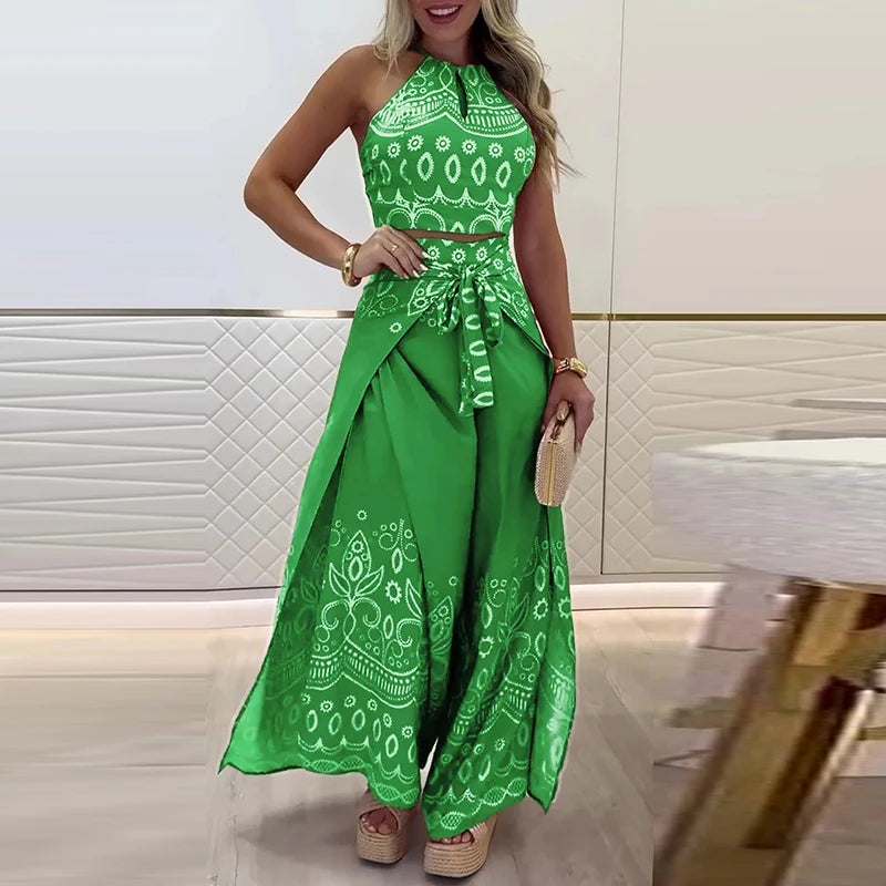 Elegant Halter Sleeveless Blouse & Lace-up Pant Set Casual Lace-up Party 2Pc Outfit Women Fashion Pattern Print Bohemian Outfits