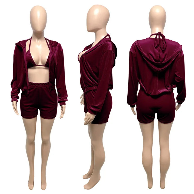 Velvet Tracksuit 3 Piece Set Women Fall Outfits Zipper Hoodies Jacket + Bra + Shorts Sets Sporty Matching Sets Jogging Femme