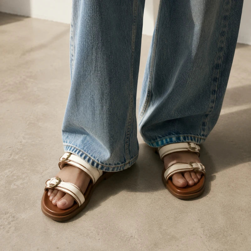 Double Buckle Sandals Women Comfortable Flat Slippers Casual Summer Beach Shoes Non-slip Slip On Slides Chunky Footbed