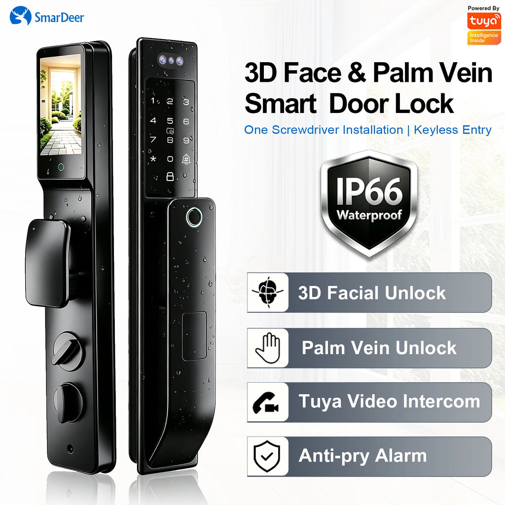 3D Face & Palm Vein Smart Door Lock, IP66 Waterproof Dual Biometric Lock, Fits Euro 6068/6085/5572 & Israel 6590 Lock Bodies