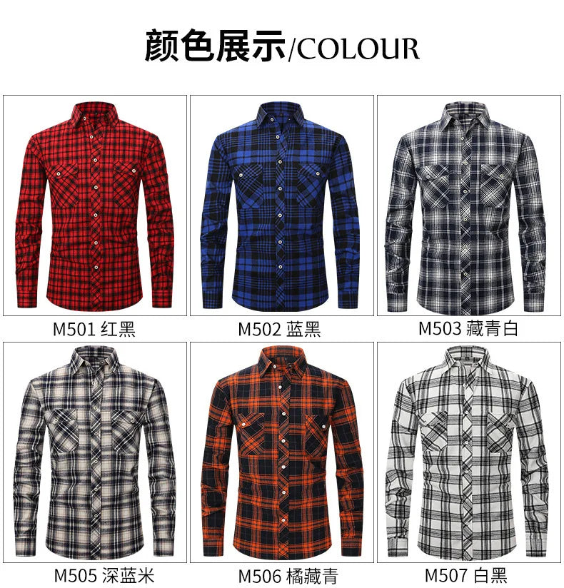 Men's long sleeve shirt ground wool plaid comfortable casual spring summer autumn high quality slim-fit free ironing fast