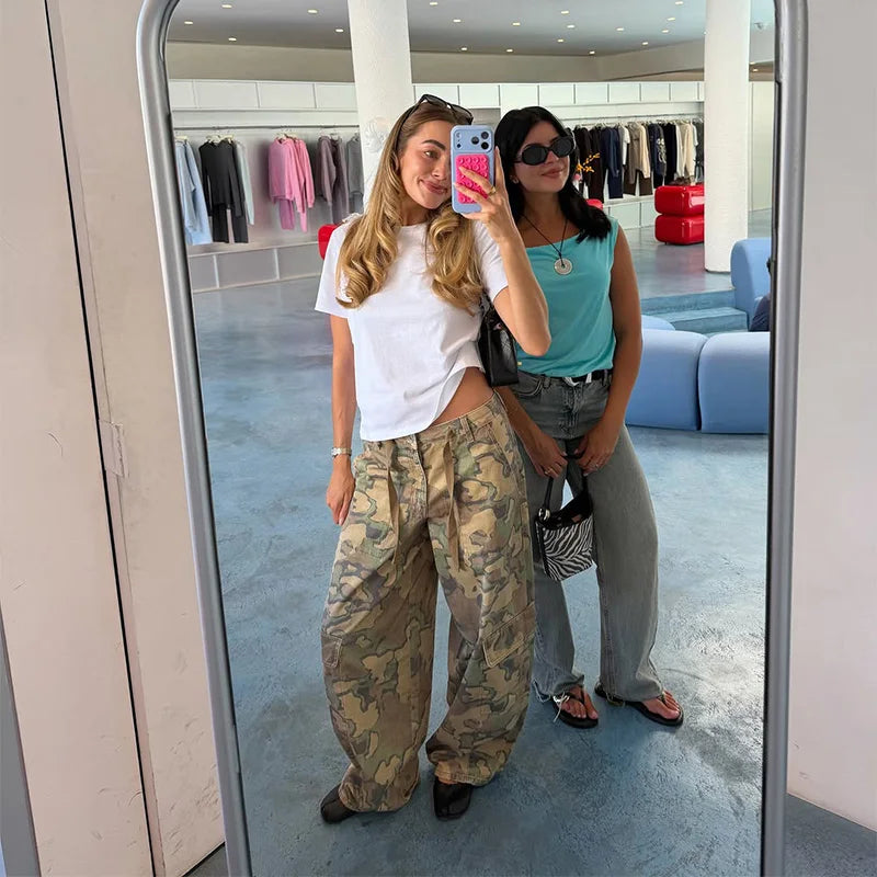 Camo Print Drawstring Waist Women Pants Wide Leg Loose Cut Drawstring Hem Relaxed Fit Casual Trouser Streetwear 2026 New Fashion