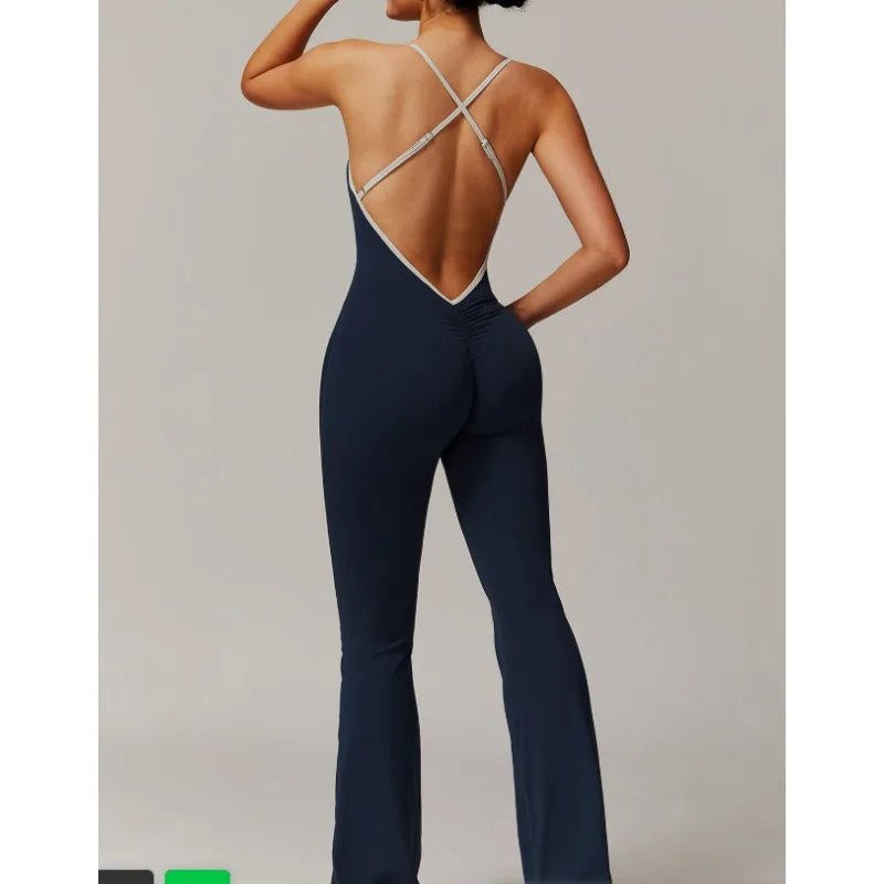 Summer V Back One-piece Suit Women Sports Jumpsuit  Yoga Rompers Backless Sportswear Women Sleeveles Workout Bodysuits