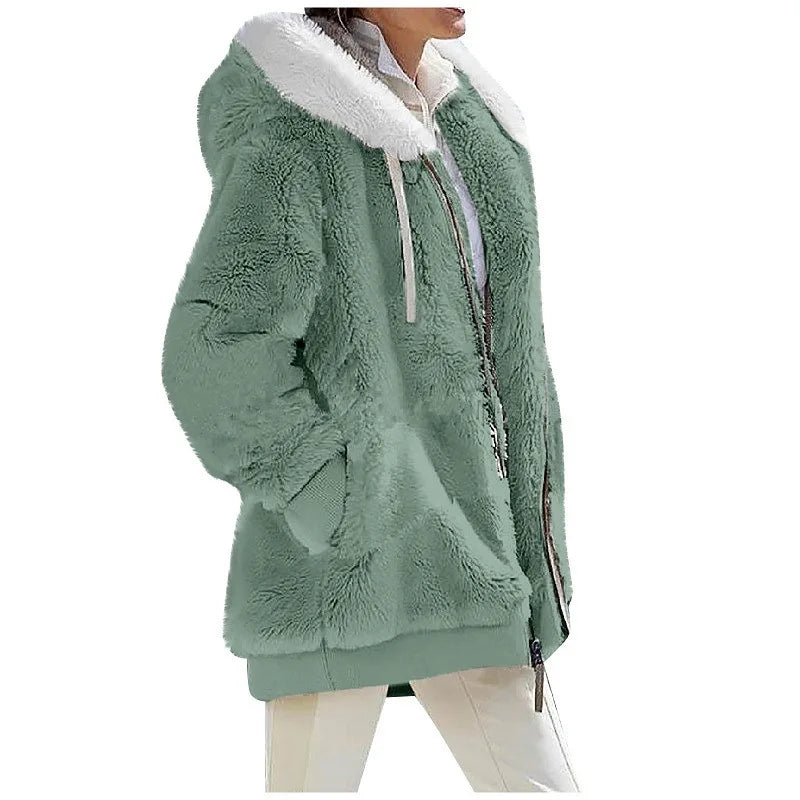 New Style Winter Fashion Women's Coat Casual Hooded Zipper Ladies Clothes Cashmere Women Fleece Jacket Solid Color Ladies Coats