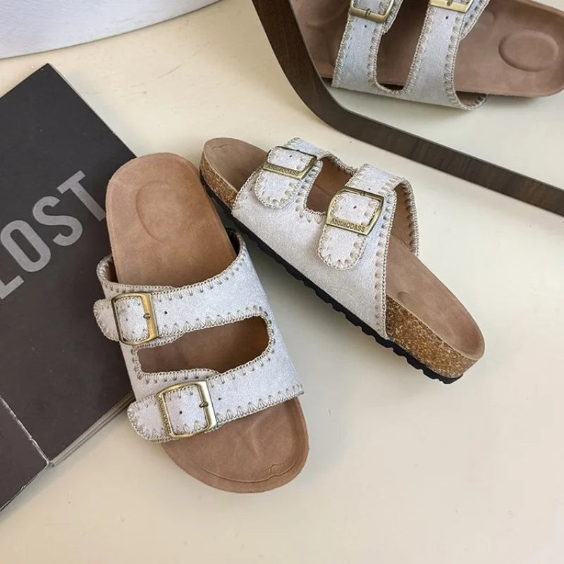 Women's Flat Slide Sandals Open Toe Suede Look Double Buckle Strap Slip on Whipstitch Detail Casual Summer Daily Walking Shoes