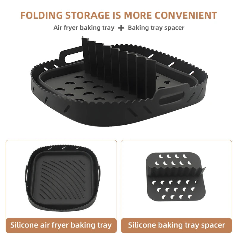 Square Silicone Air Fryer Liner with Divider Non-Stick Easy to Clean Dishwasher Safe Food Riser Holder