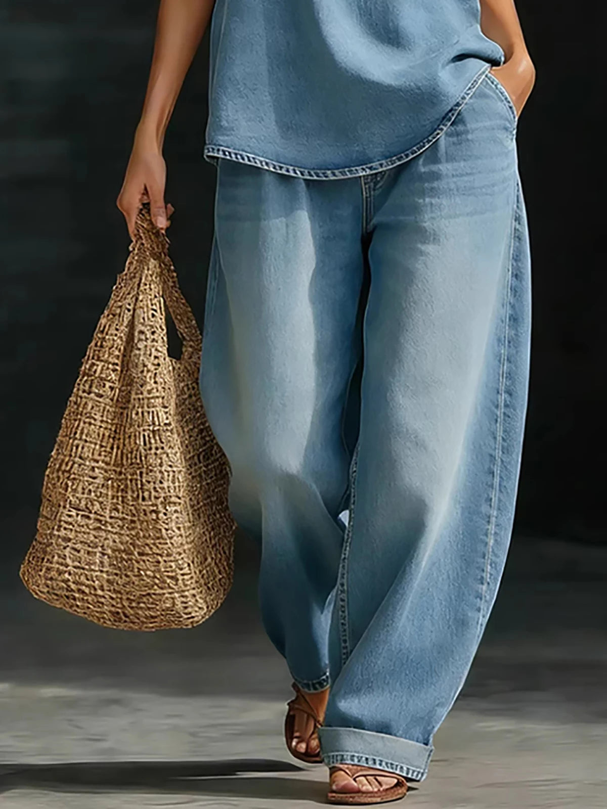 Women Denim Two Piece Set V Neck Half Sleeve Top T-Shirt Loose Wide Leg Pants Casual Outfit Streetwear Fashion Summer Suit Sets