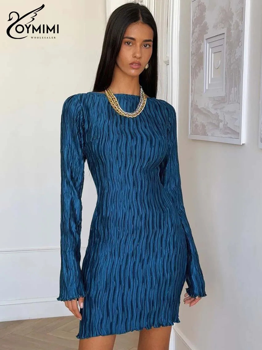 Oymimi Elegant Brown Pleated Women's Dress Fashion O-Neck Long Sleeve Slim Dresses Casual Straight Mini Dresses Female Clothing