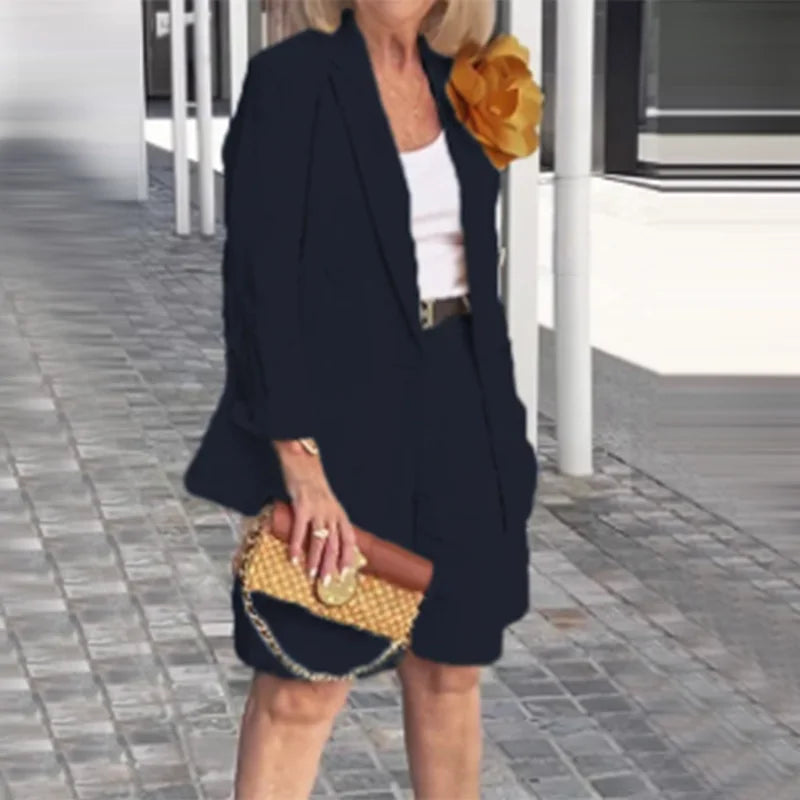 Summer New Solid Color Long Sleeve Shorts For Women's Suit Set Stylish Cardigan Female Office Suit 2 Piece Set