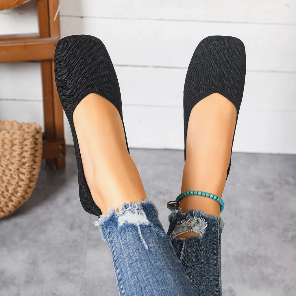 New 2026 Spring/autumn Square Toe Flat Office Boat Solid Color Knitted Slip on Shoes Casual Ballet Flats Shoes Women Loafers
