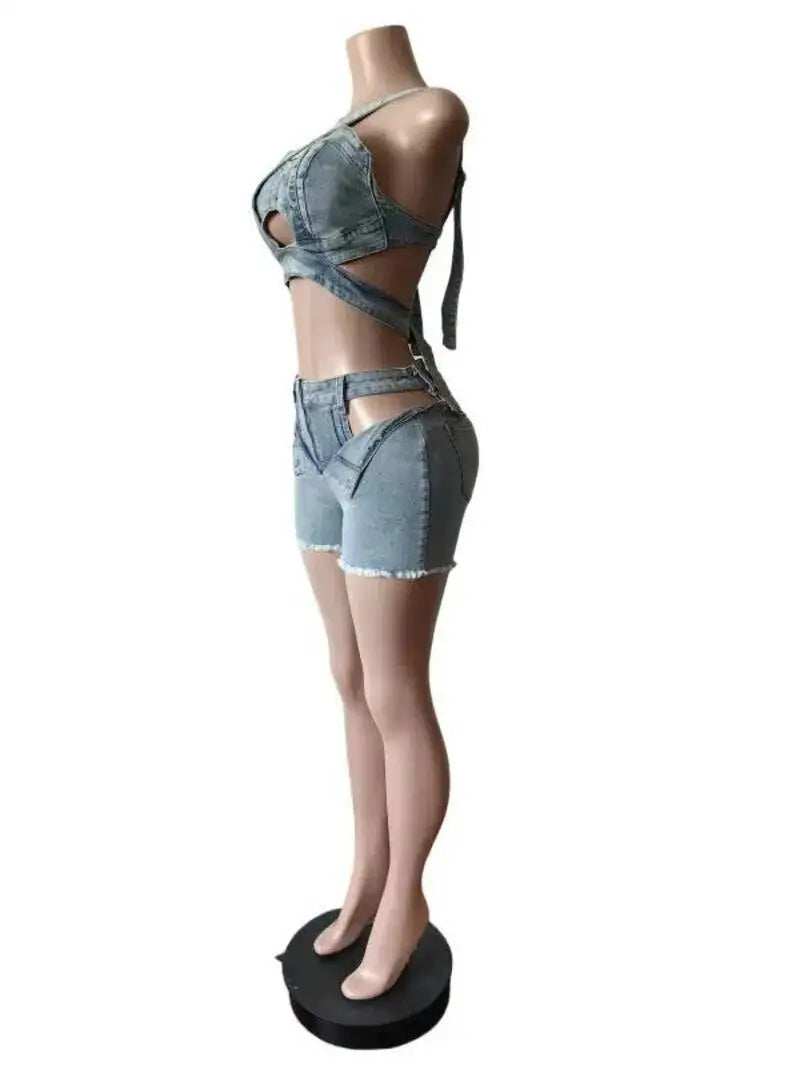 Fashion Denim Cutout Women's Set Wrap Strap Crop Top And Shorts Jeans  Summer Two 2 Piece Sets Outfits Tracksuit
