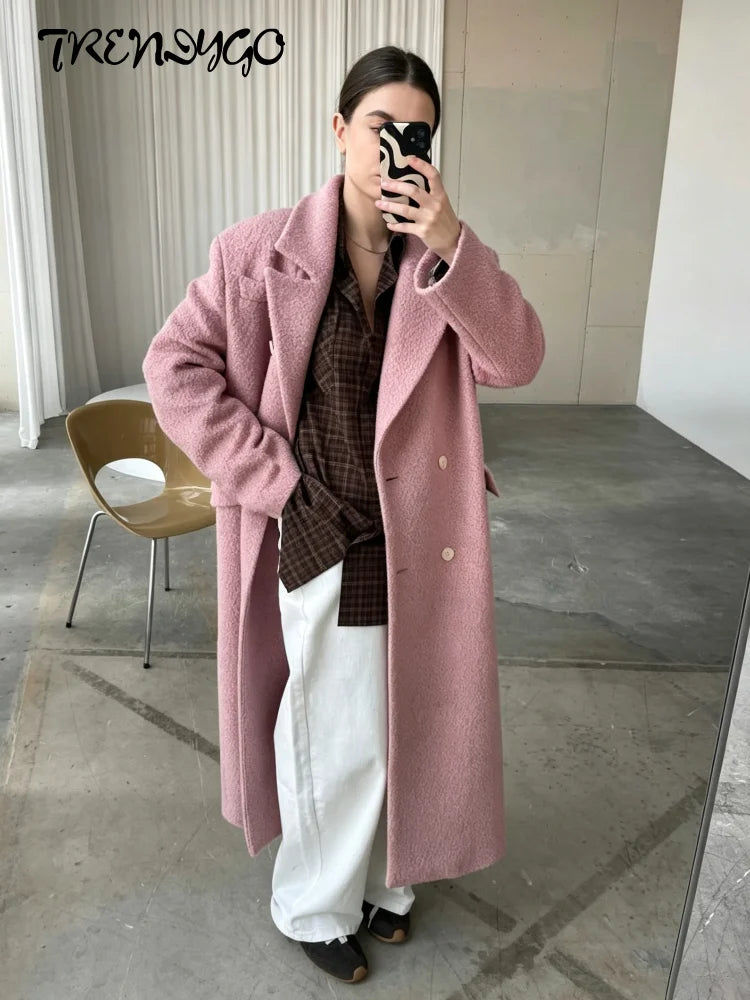Women's Long Overcoats Lapel Full Sleeve Oversized Woolen Coats Autumn Female Double Breasted Solid Loose Jackets New Outerwears