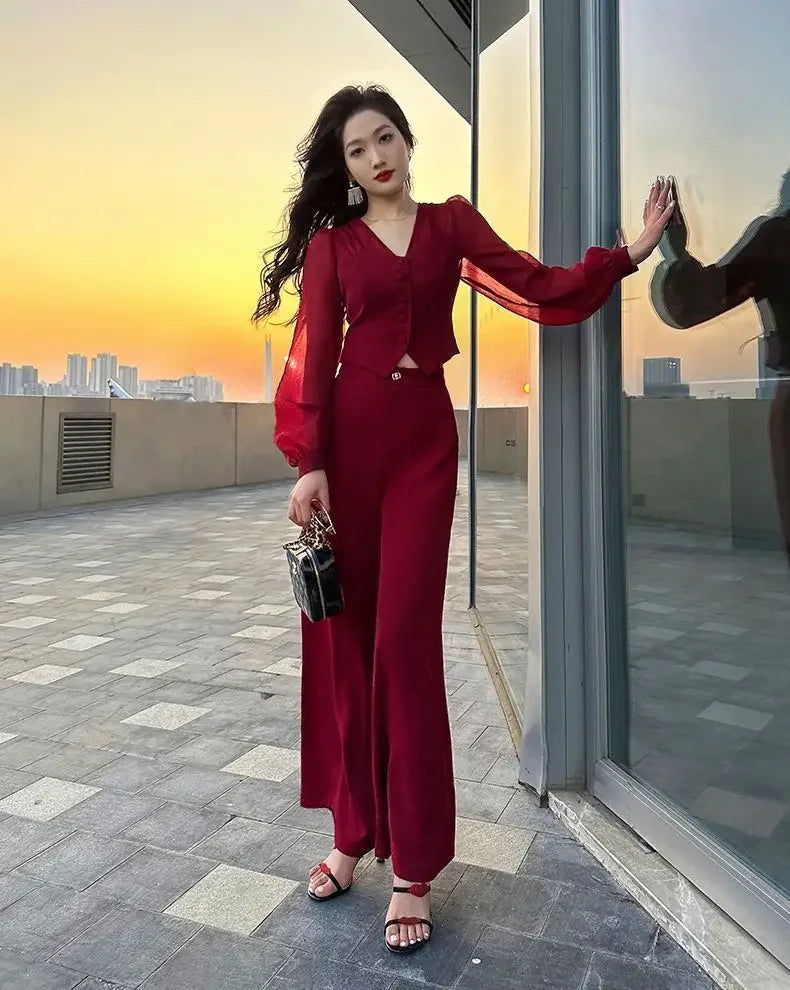 Women Pant Sets for 2 Pieces Red Sexy Holiday Outfits Trousers Woman Spring Autumn Shirt Blouse and Clothing Sales Luxury Full D