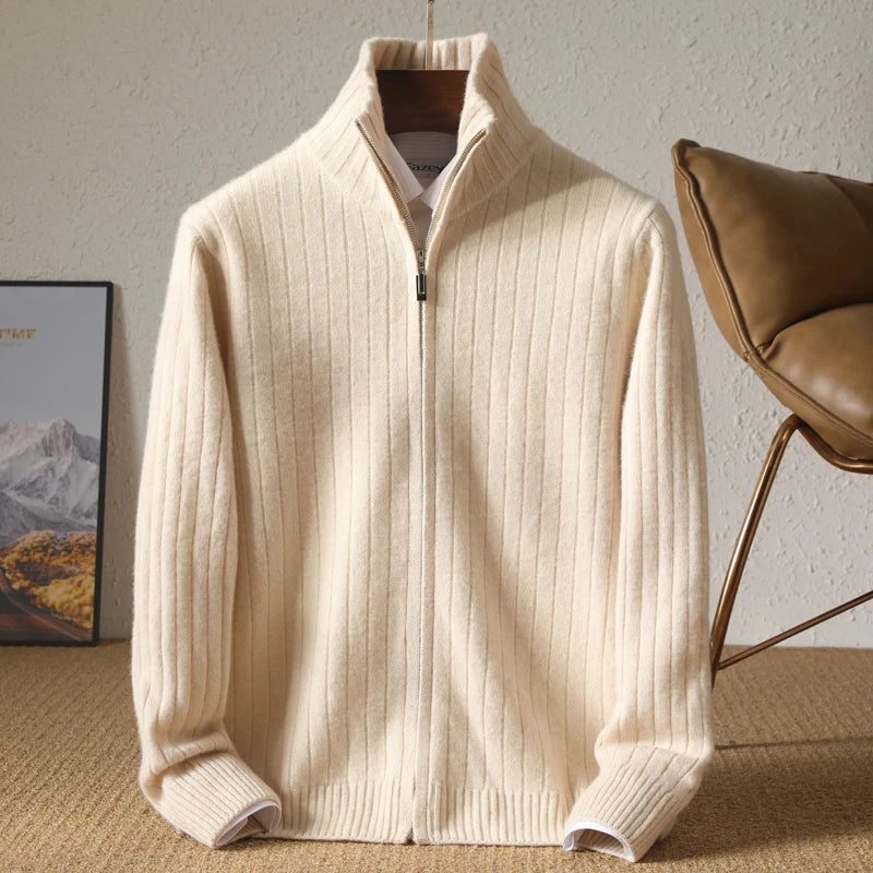 Men's Coat Winter Thickened New 100% Merino Wool Sweater Business Casual Zipper Lapel Cardigan Long Sleeved Warm Knit Jacket