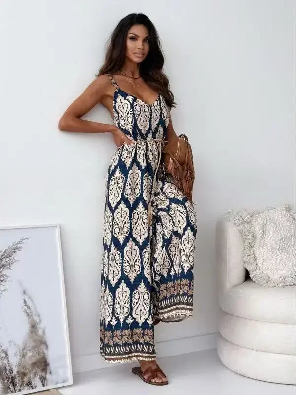 Pop Fashion Elegant V-neck High Waist Jumpsuit Women's Pattern Print Loose Long Romper Causal Sleeveless Wide Leg Playsuit Women