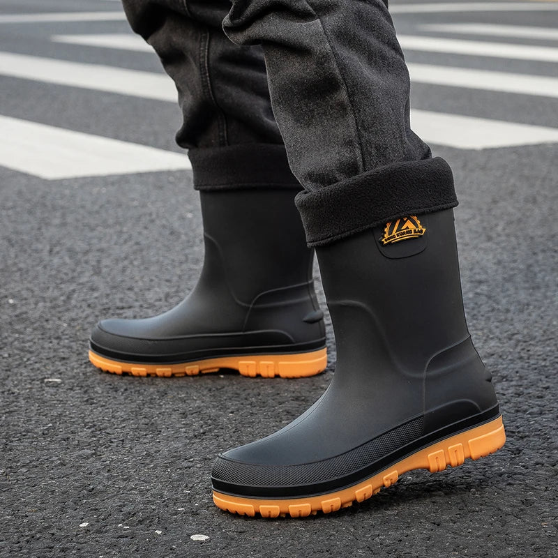 Men's Winter Fleece Lined Mid-Calf Rain Boots Anti-Slip Waterproof Work Rubber Boots Car Wash Fishing Outdoor Wear Water Shoes
