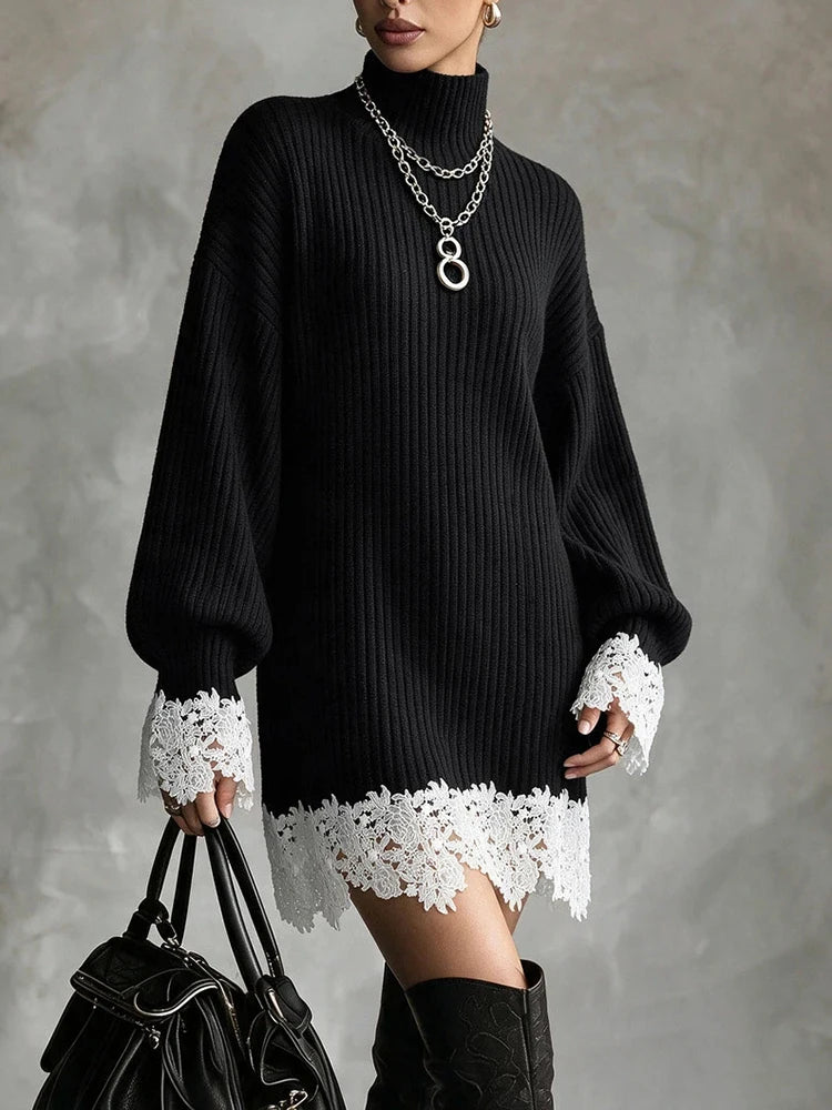 Women Turtleneck Ribbed Knitted Mini Dress Elegant Lace Hem Patchwork Party Dress Casual Long Lantern Sleeve Loose Sweater Dress