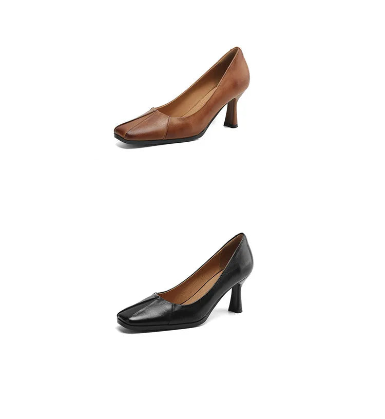NEW Spring/Autumn Women Pumps Genuine Leather Shoes for Women Square Toe Thin Heel Shoes Concise Shallow High Heel Pleated Shoes