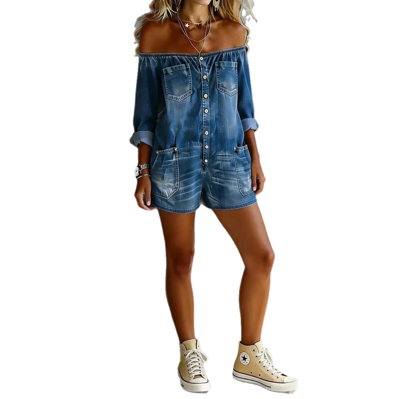 2026 New Fashion Retro Off Shoulder Long Sleeve Loose Denim Washed Jumpsuit Shorts Women Casual Slim Fit Temperament Set