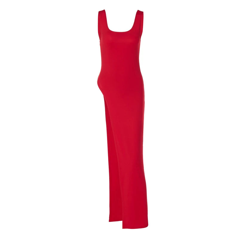 Sexy Sleeveless Side High Split Midi Dress Backless Women's Summer Party Club Streetwear Y2K Style Solid Color