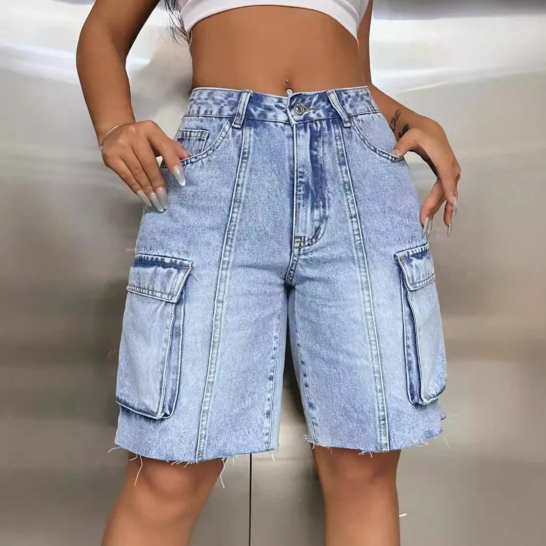 Women's High Waist Denim Shorts Utility Pocket Cargo Style Loose Fit Summer Casual Shorts