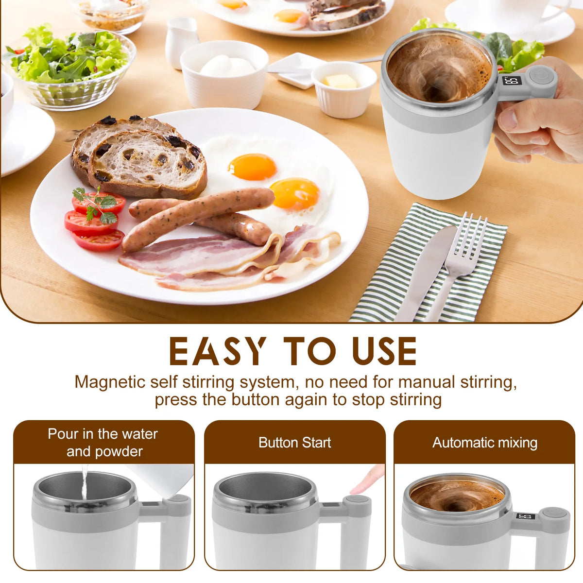 Upgrade Self Stirring Mug, Rechargeable Automatic Magnetic Stirrer Coffee Cup 400ml Stainless Steel Self Stirring Coffee Cup