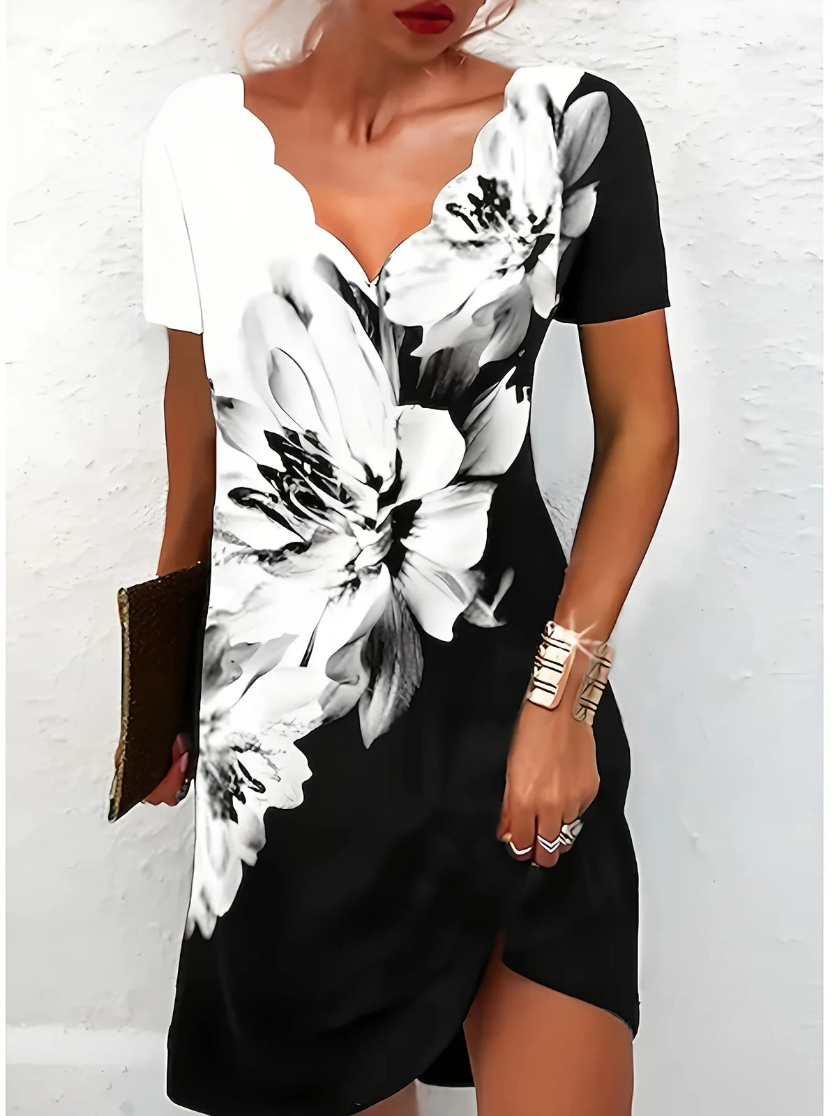 Women Floral Print Dress Wavy V Neck Short Sleeve Casual Summer Party Dresses Ladies Loose Tunic Dress