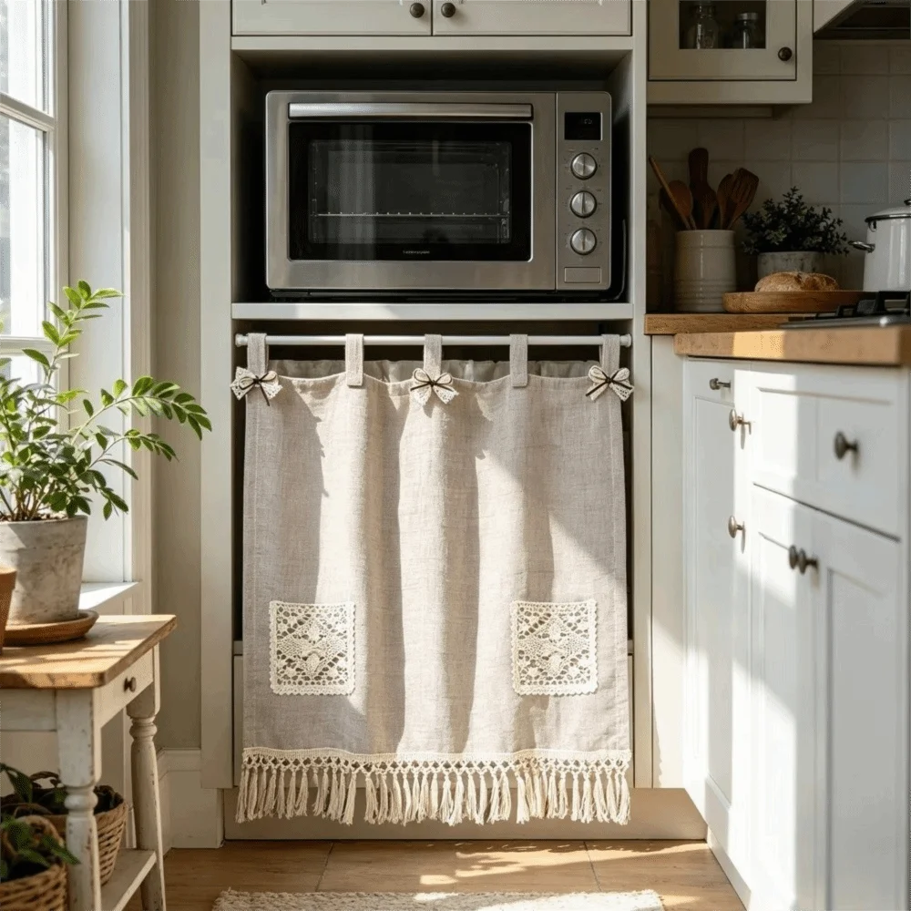 Vintage Oven Cover Curtain with Pocket Detachable Kitchen Stove Cover Skirt with Tassels Rustic Boho Curtain Panel Oven Door