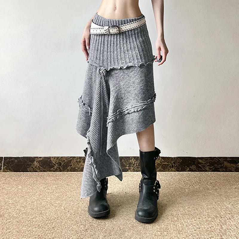 Three-color Floral Irregular Knitted Skirt for Women New Solid Color Wood Earrings Knitted Long Skirt Spring and Autumn