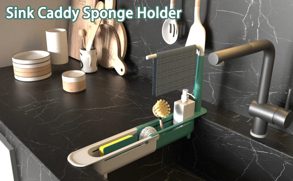 Multipurpose Sink Organizer Rack Telescopic Design with Two Sponge Holders Keeps Kitchen Counter Dry Neat for Cleaning Storage