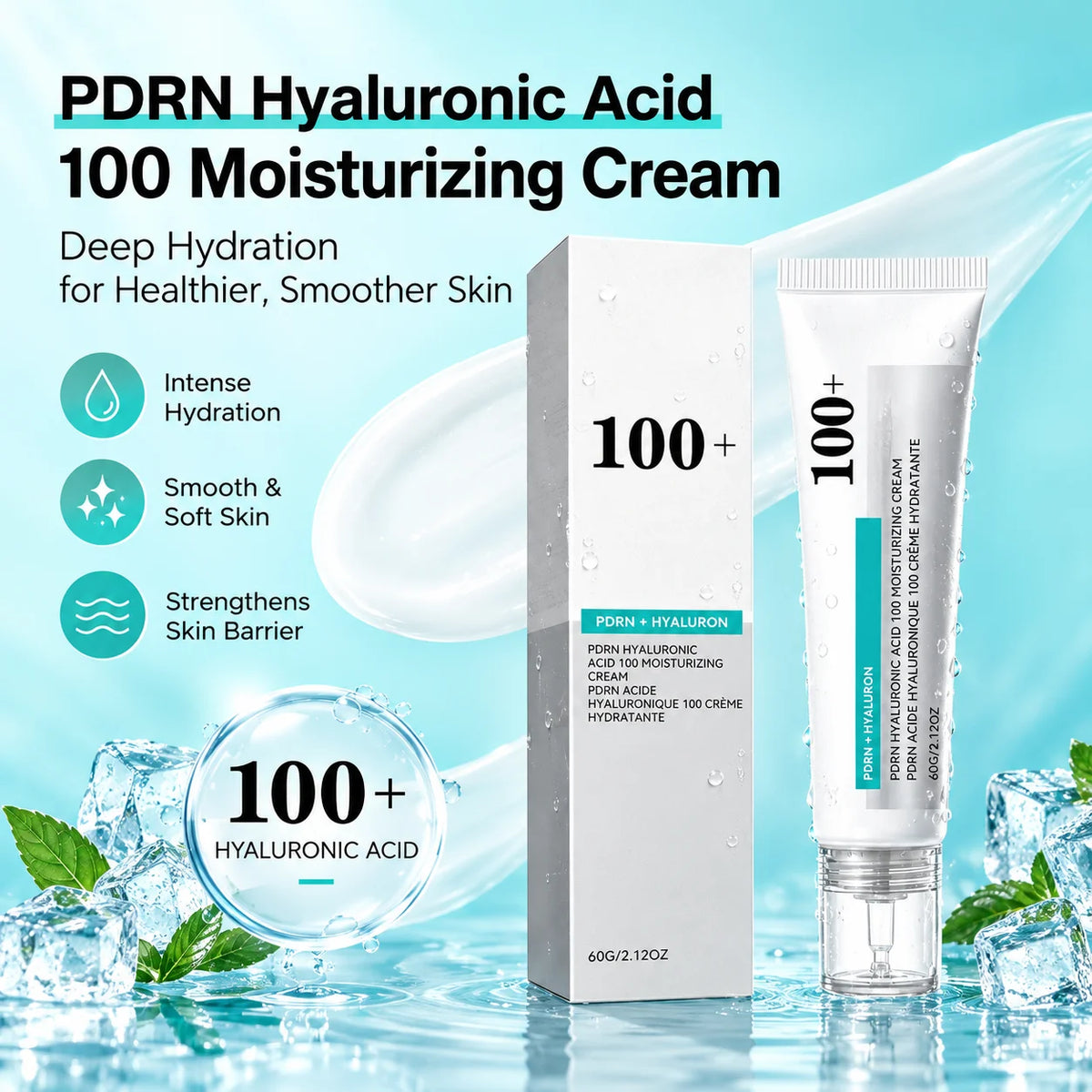 PDRN Hyaluronic Acid 100 Moisturizing Cream,Boost Facial Collagen Deep Hydrate Korean Glow Skincare Lightweight Face Moisturizer