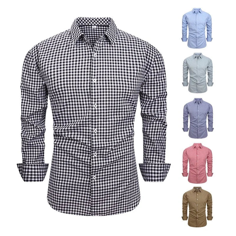 Men's Long-Sleeved Shirt, Plaid Long-Sleeved Shirt, Business Casual Slim-Fit Collared Shirt, Multiple Colors Available.