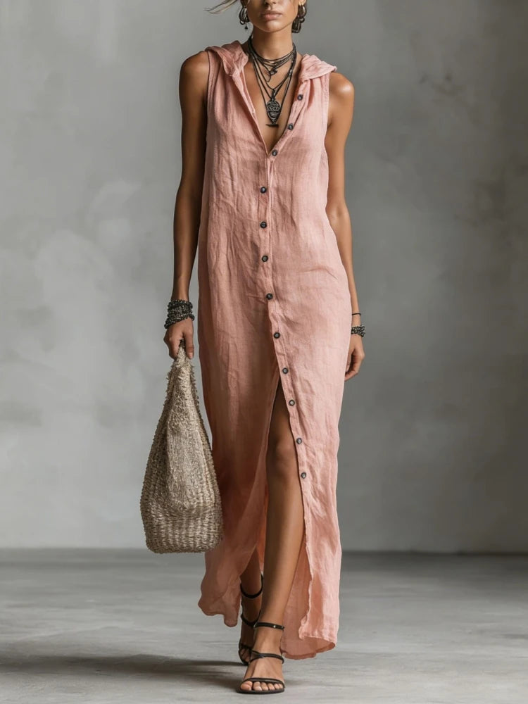 Elegant Cotton Linen Hooded Dress Women Loose V Neck Single Breasted Sleeveless Vestido Female Spring Summer Casual Lady Dresses