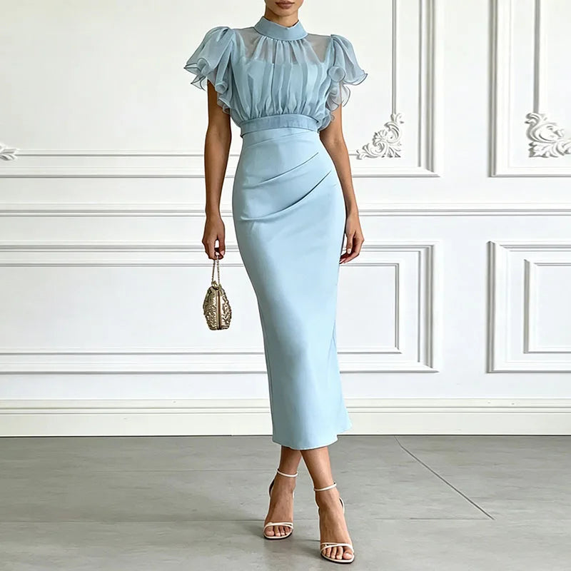 Women Solid 2 Piece Set Stand Collar Ruffle Puff Sleeve Mesh Crop Top & Bodycon Skirt Suits Elegant Wedding Guest Evening Outfit