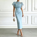 Women Solid 2 Piece Set Stand Collar Ruffle Puff Sleeve Mesh Crop Top & Bodycon Skirt Suits Elegant Wedding Guest Evening Outfit