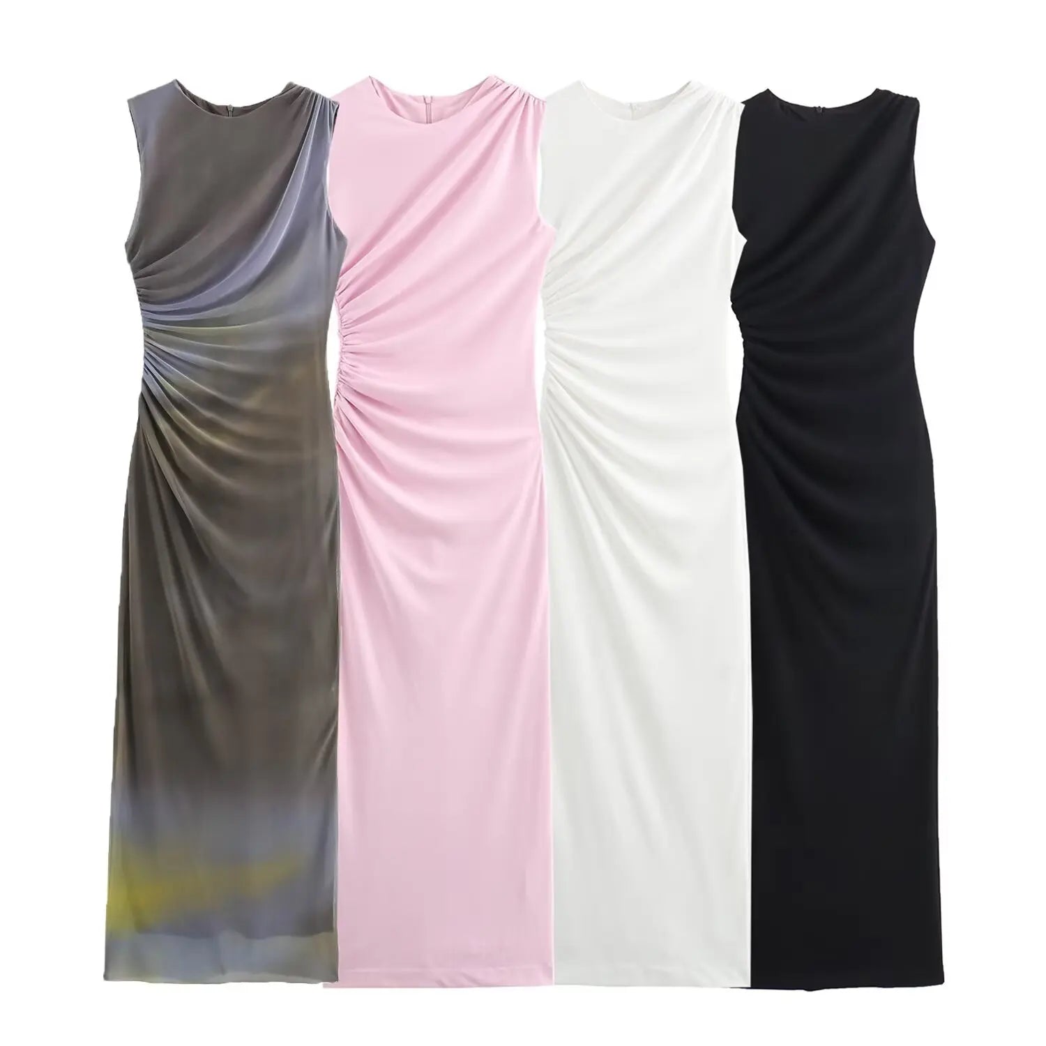 BSAY Women Fashion Summer New White Pleated Back Zip Sleeveless Crewneck Vest Long Dress Chic Female Elegant Evening