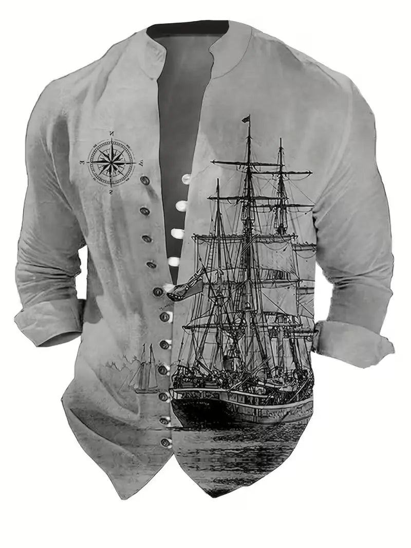 Men's Ethnic Embroidery Long Sleeved Shirt with Red and Black Floral Pattern, Comfortable and Fashionable Linen Long Shirt
