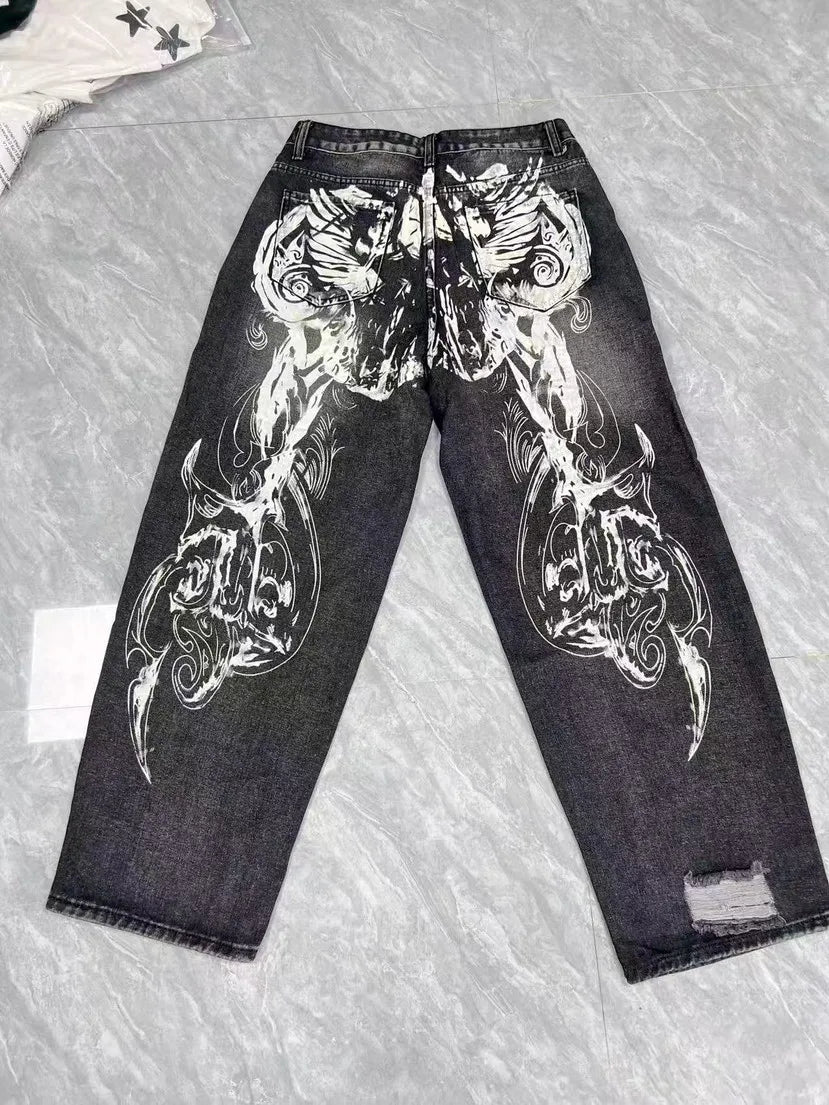Y2K American New Pattern Embroidery Baggy Jeans Couple Pants mid Waist Straight Leg Loose Fit Teenager Jeans Casual Trousers