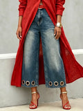 Women Wide Leg Cropped Jeans High Waist Loose Fit Hollow Eyelet Hem Pocketed Denim Pants Casual Street Outfits Women's Shorts
