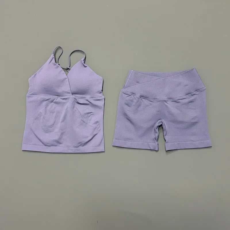 2Pcs Workout Shorts Set Women Cross Waist Scrunch Butt Shorts Tummy Control Racerback Tank Top Running Fitness Two Piece Suit
