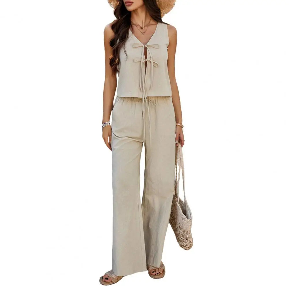Women's Summer Comfortable Casual Simple Solid Color Two-piece Set Fashion Sleeveless V-neck Strap Short Top Wide-leg Pants Sets