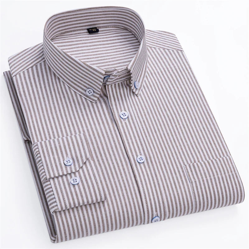 New Cotton Oxford Men's Shirts Long Sleeves Stripe Thin Soft Regular Fit Formal Dress Shirt Pocket Social Blouse Male Clothes