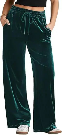 Women's High Waist Velvet Wide Leg Pants Drawstring Elastic Waist Loose Casual Trousers Autumn Winter Solid Color Long Pants B