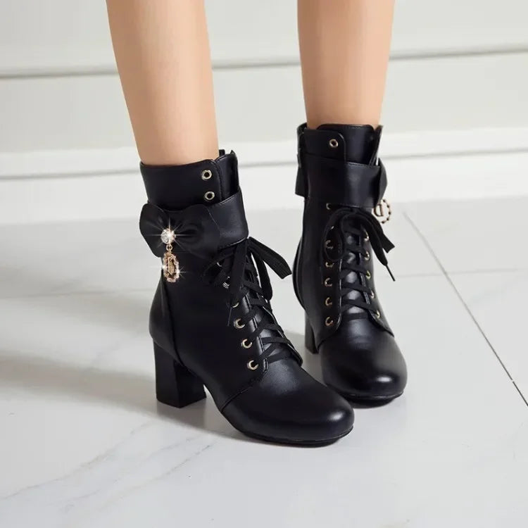 Winter Fashion British Style Round Head High Heels Women Boots Black White Pink Sweet Butterfly-Knot High Heels Women Boots