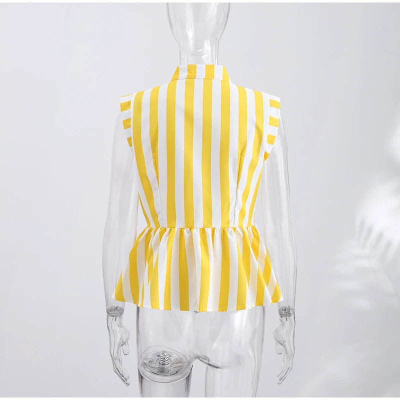 Striped Mandarin Collar Frog Button Ruffle Trim Top Striped Single‑breasted 2026 Summer Women Blouse Versatile Casual Lady Top