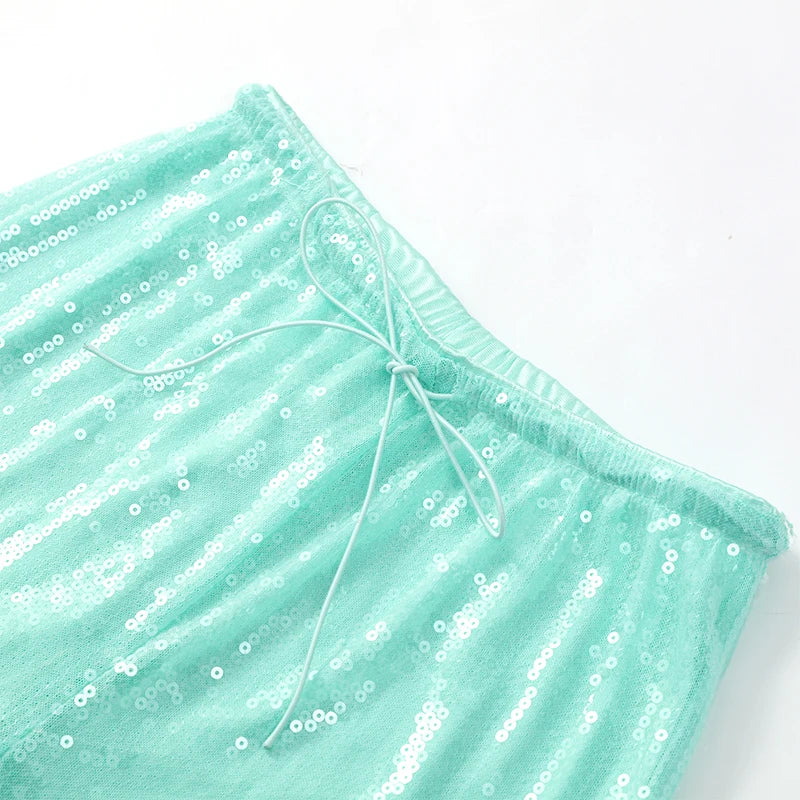 Solid Sequin Elastic Waist Pants Women Loose Fashion Lace Up Wide Leg Trousers Female 2026 Spring Summer Chic Streetwears Outfit