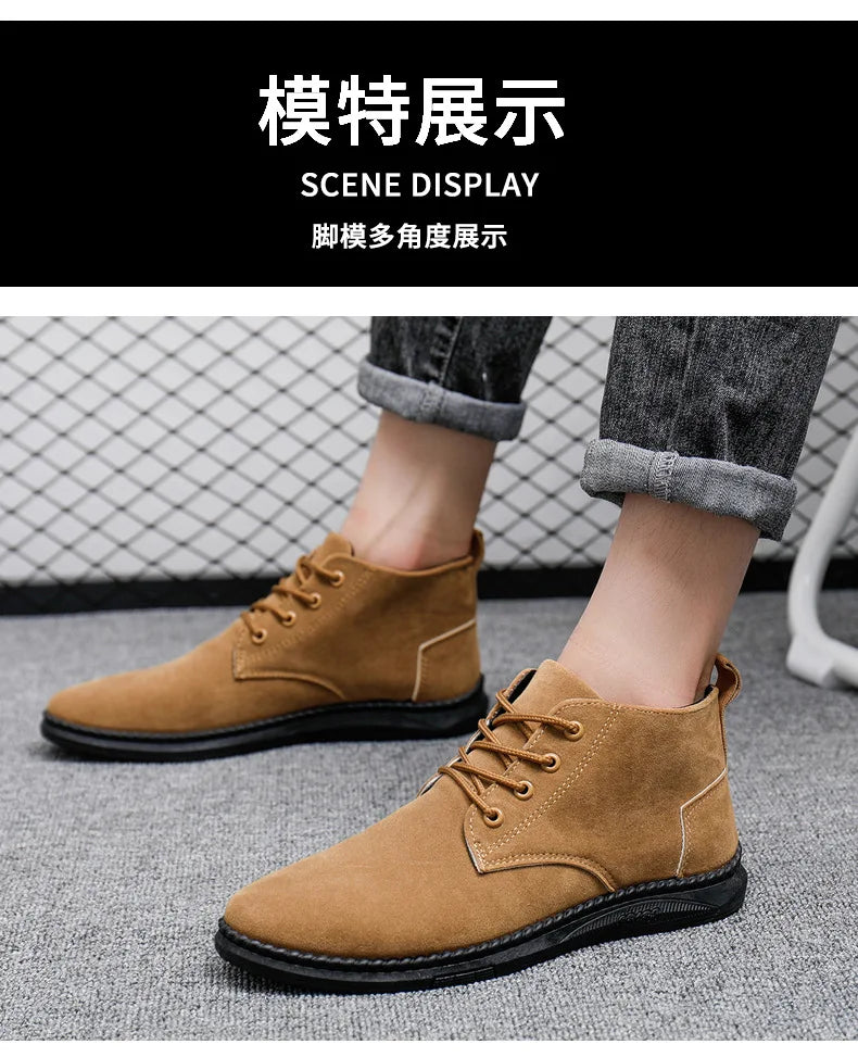 High Top Casual Grey Suede Shoes Men's Lace Up Black Flat Bottom Short Boots Men's Chelsea Boots High-quality Brand Denim Boots