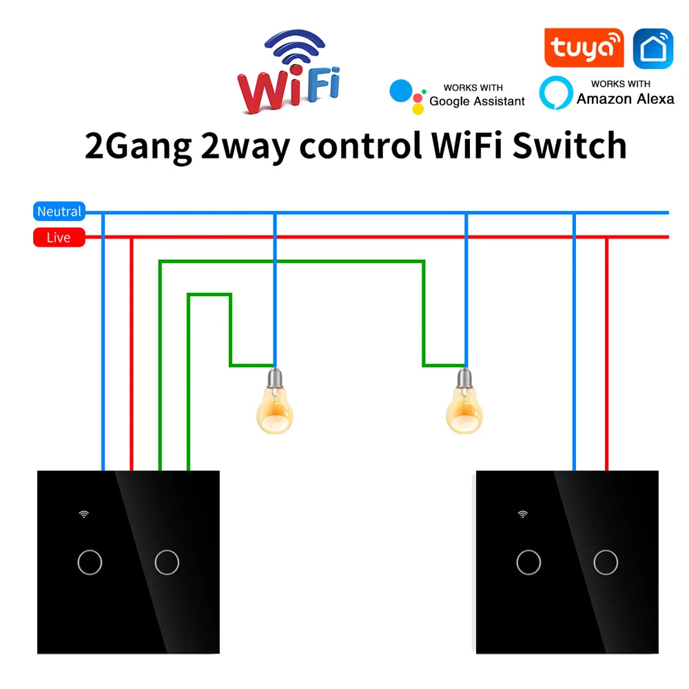 Wifi Smart  2way Switch 1gang 2gang 3gang Two Way Wall Touch Switch Voice and Smart Life TUYA APP Control For Stairs Corridors