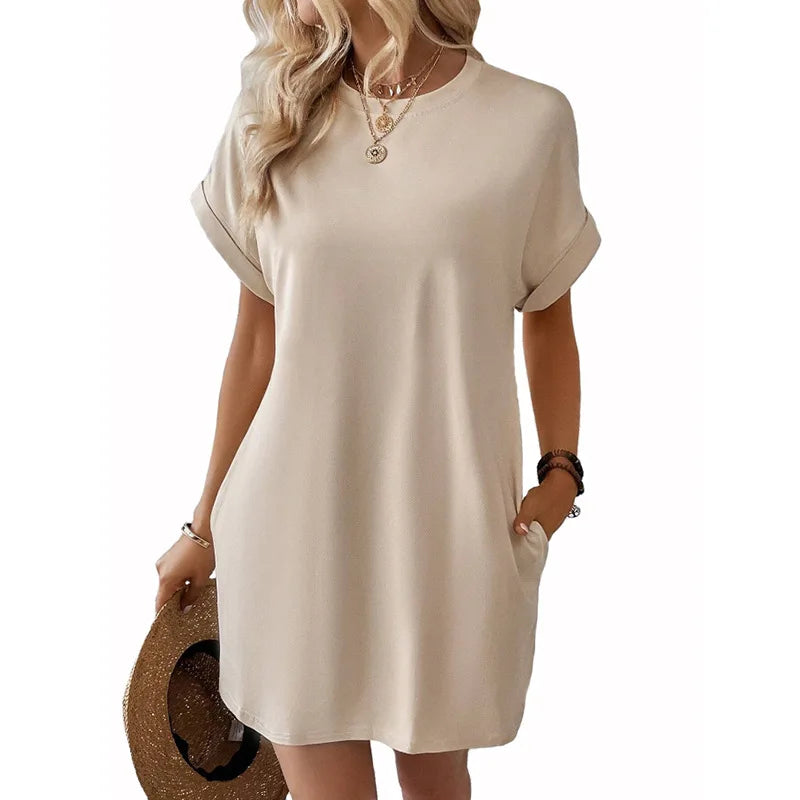 New women's spring and summer fashionable temperament casual commuting solid color round neck loose short sleeved pocket dress